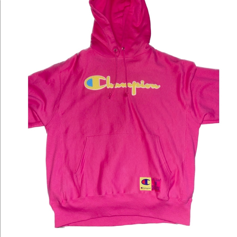 New Champion Chenille Spell Out Reverse Weave Pink Yellow Hoodie- Large🩷💛🩷